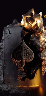 Ace of Spades card engulfed in flames on a dark background.