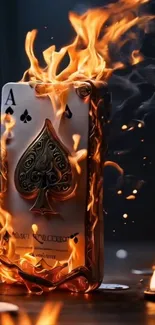 Ace of spades engulfed in vibrant flames, dynamic wallpaper.