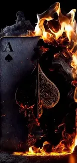 Ace of Spades card surrounded by intense flames on a dark background.