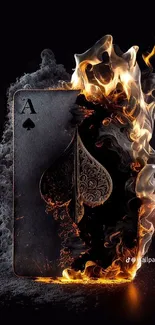 Fiery Ace of Spades card surrounded by dramatic flames and smoke.