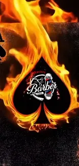 Ace of Spades card with fiery flames and barber theme.