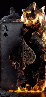 Ace of Spades card in fire and smoke with a dark background.