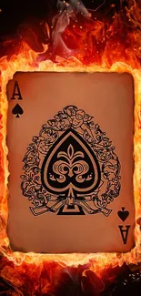 Fiery Ace of Spades card with intricate design surrounded by flames.