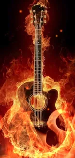 Acoustic guitar engulfed in vibrant orange flames.