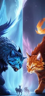 Two cats in fiery and icy duel with vibrant colors.