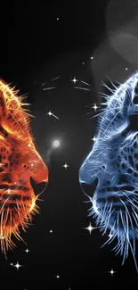 Digital art of fiery and icy felines facing each other on a dark background.