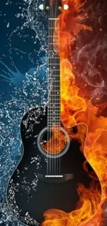 Guitar amidst dynamic fire and ice elements, creating a striking visual.