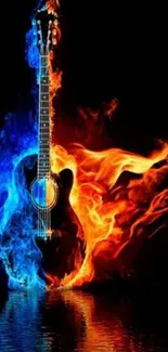 Guitar engulfed in contrasting blue and fiery orange flames.