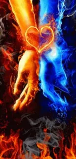 Fiery and icy handshake with flames in vibrant wallpaper art.