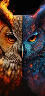 Fiery and icy owl wallpaper with vivid textures and contrasting colors.