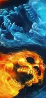 Fiery orange and icy blue skull design wallpaper.