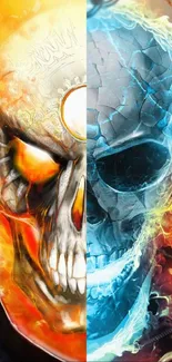 Fiery and icy skull mobile wallpaper with vibrant contrast.