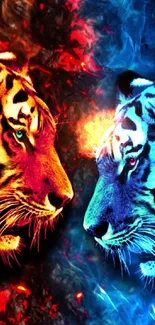 Fierce tigers in fiery and icy hues face off.