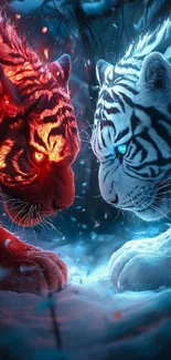 Fiery and icy tigers face off with intense stares.