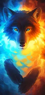 Mystical wolf with fiery and icy colors on mobile wallpaper.