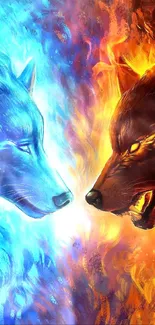 Fiery and icy wolves face each other in vibrant artwork.