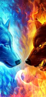 Vivid wallpaper of fire and ice wolves facing each other.