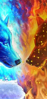 Fiery and icy wolves facing each other, showcasing contrast.