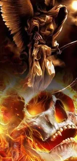 Fiery angel and skull with flames in dramatic art design.