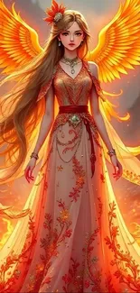 Fiery angel with orange wings in a fantasy setting.