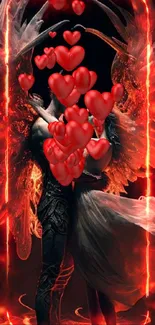 Fiery angelic couple embracing in fantasy artwork with red and black tones.