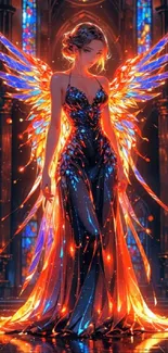 A fantasy artwork of an angel with fiery wings in a glowing dress.