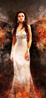 Fantasy wallpaper featuring an angel with fiery wings in a white dress.