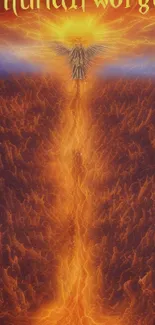 Fiery angel with ethereal sky in fantasy wallpaper.