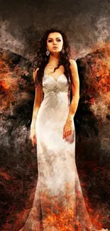 A mystical angel in a fiery backdrop wearing a flowing white gown.