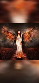 Fiery angel with flame-like wings in fantasy setting.