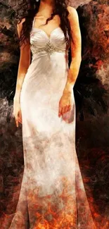 Fiery angel in elegant white dress with dramatic flames background.