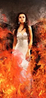 Angel in flames with fiery background in artistic wallpaper.