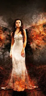 Fiery angelic figure in a flowing white dress with dramatic fiery wings.