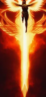 Fiery angel with glowing sword and celestial wings.