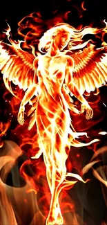 A fiery angel with flames and wings, glowing brightly against a dark background.