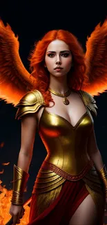 A fiery angel with orange wings and dramatic flames in a captivating mobile wallpaper.