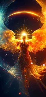 Fiery angel with vibrant wings on a cosmic backdrop.