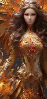 Fantasy character with fiery wings and golden attire.