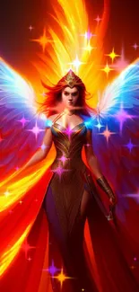 Fiery angelic fantasy wallpaper with radiant wings and vibrant colors.