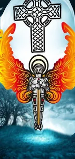 Fiery angelic knight with vibrant wings on a mystical background.