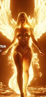 Glowing angelic figure with fiery wings in an ethereal light.