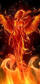 Fiery orange silhouette of an angel with wings on flames