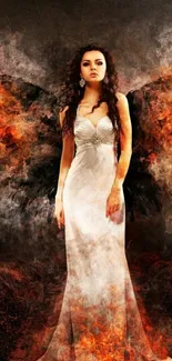 Fiery angelic figure in a white gown surrounded by flames and smoke.