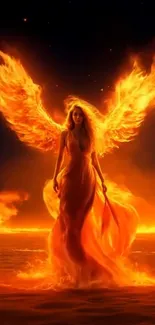 Fiery angel with wings in glowing flames.