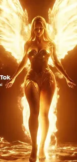 Fiery angel with glowing orange wings in a stunning mobile wallpaper.