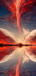 Fiery sky with angelic wings reflecting on water.