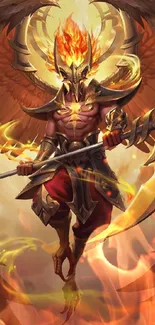 Angelic warrior with fire wings holding a weapon in a fantasy setting.