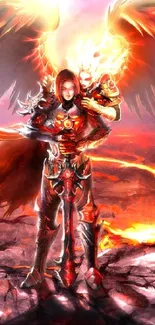 Fiery angelic warrior with dark wings and flames on mobile wallpaper.