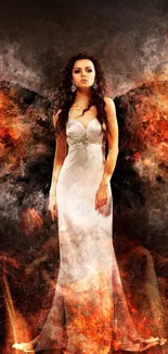 Mystical woman with fiery wings in a dark, fantasy-themed scene.