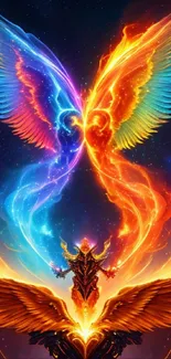 Vibrant mobile wallpaper with fiery angelic wings in blue and orange hues.